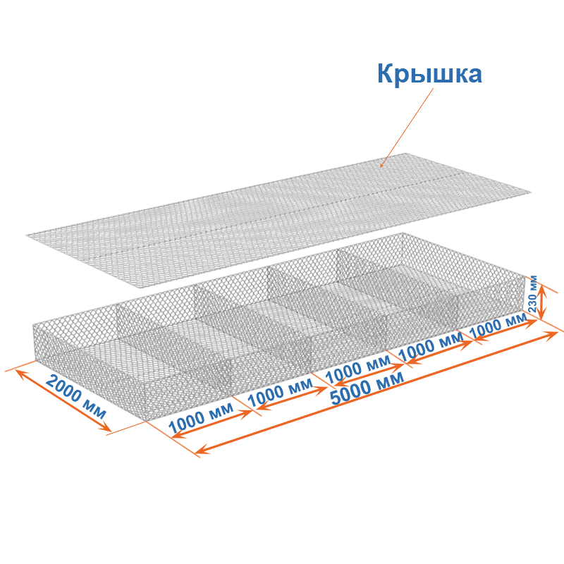 Габион матрац ГСИ-М 5х2х0,23 оцинкованный, Ø проволоки 2,2 мм, размер ячейки 6х8 см фото