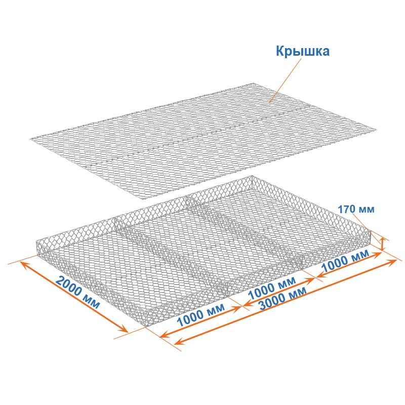 Габион матрац ГСИ-М 3х2х0,17 оцинкованный, Ø проволоки 2,2 мм, размер ячейки 6х8 см фото